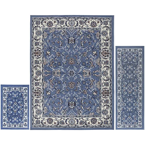 Home Dynamix Ariana Badah Area Rug 3 Piece Set (4'11" x6'11,1'8" x4'11,1'8" x2'8), Border Blue/Ivory