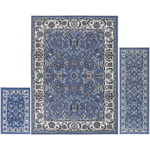 Home Dynamix Ariana Badah Area Rug 3 Piece Set (4'11" x6'11,1'8" x4'11,1'8" x2'8), Border Blue/Ivory