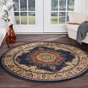 Fiona Traditional Oriental Navy Round Area Rug, 5' Round