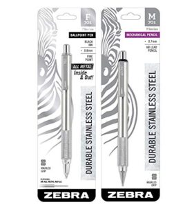 zebra f-701/m-701 pen & 0.7 mm pencil set, stainless steel with knurled grip