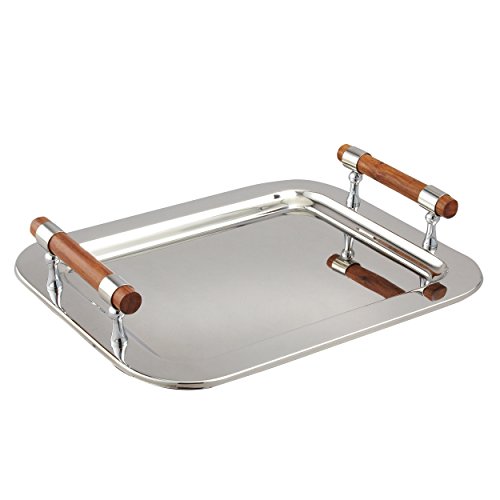 Elegance Stainless Steel Rectangular Tray with Wood Handles, 16.5" x 13", Silver