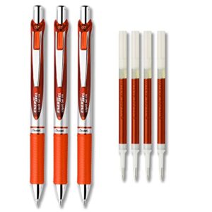 pentel energel deluxe rtx liquid gel ink pen set kit, pack of 3 with 4 refills (orange - 0.7mm)