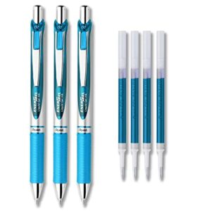 pentel energel deluxe rtx liquid gel ink pen set kit, pack of 3 with 0.7mm pen with 4 refills (sky blue - 0.5mm)