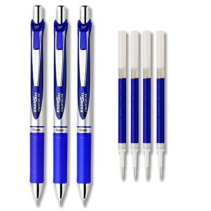 pentel energel deluxe rtx liquid gel ink pen set kit, pack of 3 with 4 refills (blue - 0.7mm)