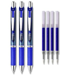 pentel energel deluxe rtx liquid gel ink pen set kit, pack of 3 with 4 refills (blue - 0.5mm)