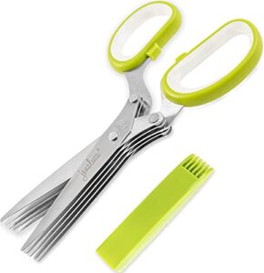 jenaluca herb scissors with 5 blades and safety cover - cut, chop & mince fresh herbs & leafy greens - stainless steel kitchen shears with cleaning comb - cool kitchen gadgets (green)