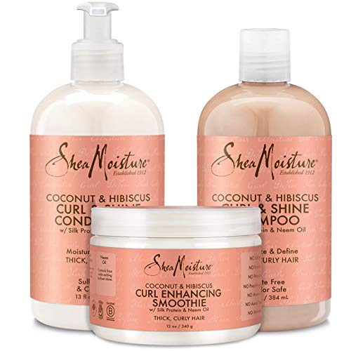 Shea Moisture Shampoo and Conditioner Set, Coconut and Hibiscus Curl & Shine 13-oz ea Bundled with Curl Enhancing Smoothie 12-oz. Curly Hair Products with Coconut Oil, Vitamin E & Neem Oil