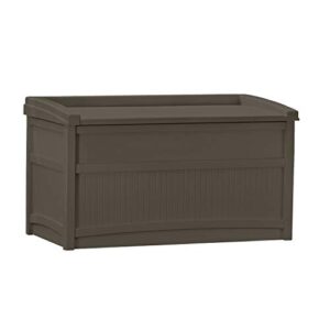 suncast 50-gallon medium deck box - lightweight resin indoor/outdoor storage container and seat for patio cushions and gardening tools - store items on patio, garage, yard - java