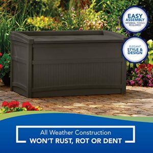 Suncast 50-Gallon Medium Deck Box - Lightweight Resin Indoor/Outdoor Storage Container and Seat for Patio Cushions and Gardening Tools - Store Items on Patio, Garage, Yard - Java