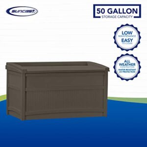 Suncast 50-Gallon Medium Deck Box - Lightweight Resin Indoor/Outdoor Storage Container and Seat for Patio Cushions and Gardening Tools - Store Items on Patio, Garage, Yard - Java