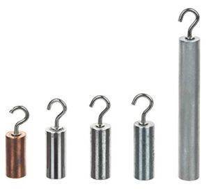 5pc hooked metal cylinders set - copper, tin, aluminum, zinc, stainless steel - for density investigation, specific gravity & specific heat experiments - eisco labs