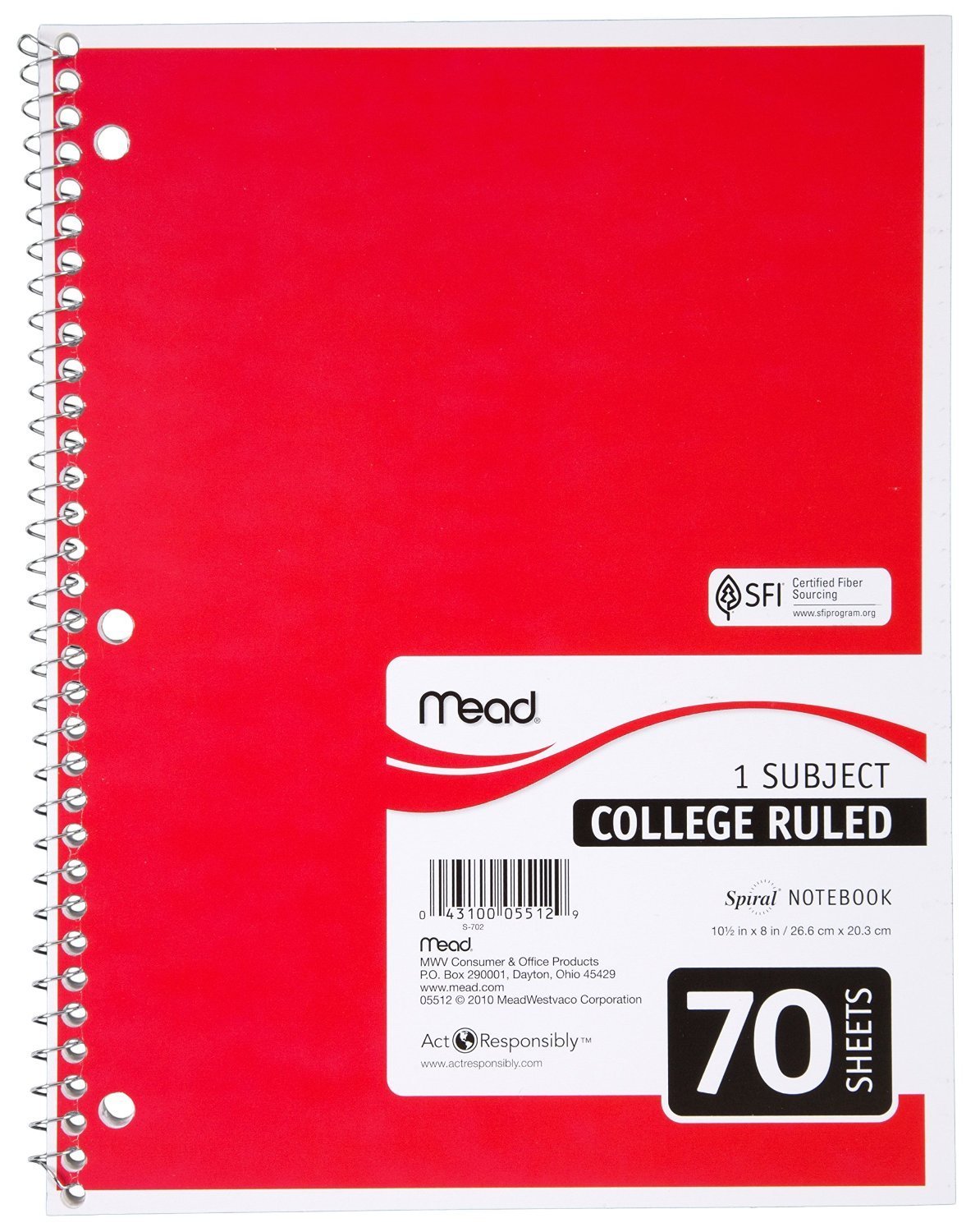 Mead 05512 Spiral Notebook, College Ruled 7.5" x 10.5" 70 Sheets, 1 Subject, 6 Pack, Colors May vary