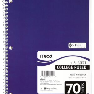 Mead 05512 Spiral Notebook, College Ruled 7.5" x 10.5" 70 Sheets, 1 Subject, 6 Pack, Colors May vary