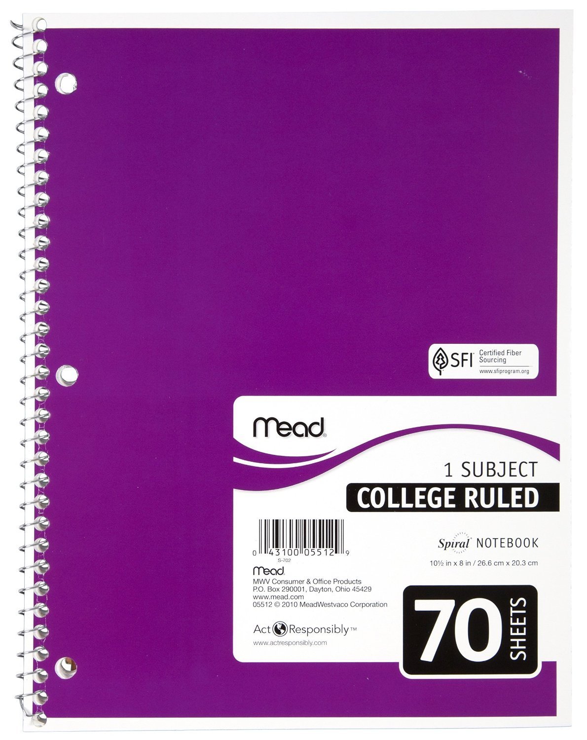 Mead 05512 Spiral Notebook, College Ruled 7.5" x 10.5" 70 Sheets, 1 Subject, 6 Pack, Colors May vary