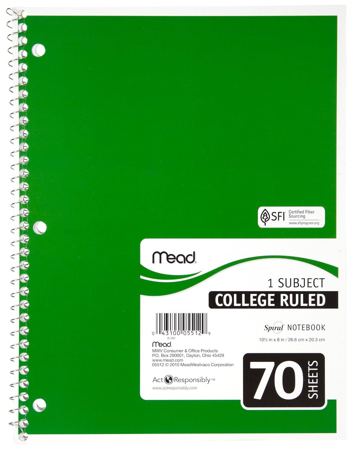 Mead 05512 Spiral Notebook, College Ruled 7.5" x 10.5" 70 Sheets, 1 Subject, 6 Pack, Colors May vary