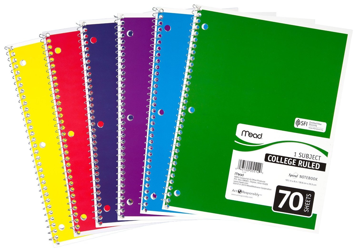 Mead 05512 Spiral Notebook, College Ruled 7.5" x 10.5" 70 Sheets, 1 Subject, 6 Pack, Colors May vary