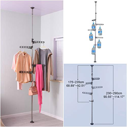 BAOYOUNI 4-Tier Standing Clothes Laundry Drying Rack Coat Hanger Organizer Floor to Ceiling Adjustable Metal Corner Tension Pole, Grey