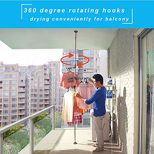 BAOYOUNI 4-Tier Standing Clothes Laundry Drying Rack Coat Hanger Organizer Floor to Ceiling Adjustable Metal Corner Tension Pole, Grey