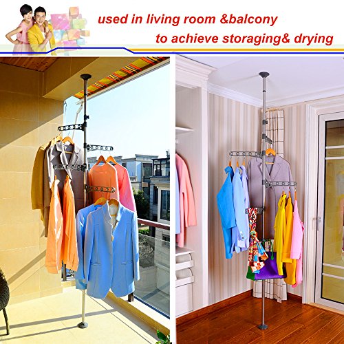 BAOYOUNI 4-Tier Standing Clothes Laundry Drying Rack Coat Hanger Organizer Floor to Ceiling Adjustable Metal Corner Tension Pole, Grey