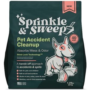sprinkle & sweep - pet accident cleanup, eliminates strong odors, cleans and deodorizes pee, poo, vomit, diarrhea, non-toxic, potty training, dog and cat odor eliminator, quick pet mess cleanup