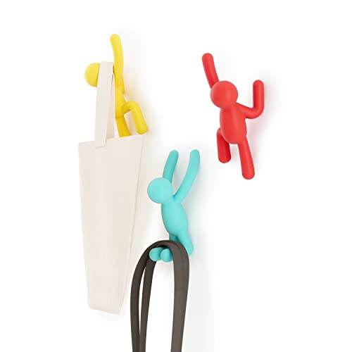 Umbra Buddy Wall Hooks – Decorative Wall Mounted Coat Hooks for Hanging Coats, Scarves, Bags, Purses, Backpacks, Towels and More, Set of 3, Bright Multicolored