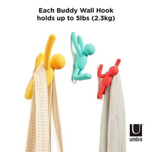 Umbra Buddy Wall Hooks – Decorative Wall Mounted Coat Hooks for Hanging Coats, Scarves, Bags, Purses, Backpacks, Towels and More, Set of 3, Bright Multicolored