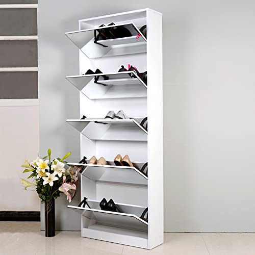 Organizedlife Mirror Shoe Cabinet, Wooden Shoe Organizer with 5 Tier, Full Length Mirror Shoe Rack,Shoe Cabinet for Entryway