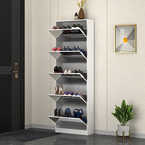 Organizedlife Mirror Shoe Cabinet, Wooden Shoe Organizer with 5 Tier, Full Length Mirror Shoe Rack,Shoe Cabinet for Entryway