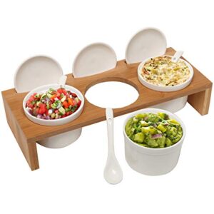 mygift wooden condiment set, ceramic dip bowls, sauce ramekins 3 piece set with lids and spoons on bamboo raised display serving tray