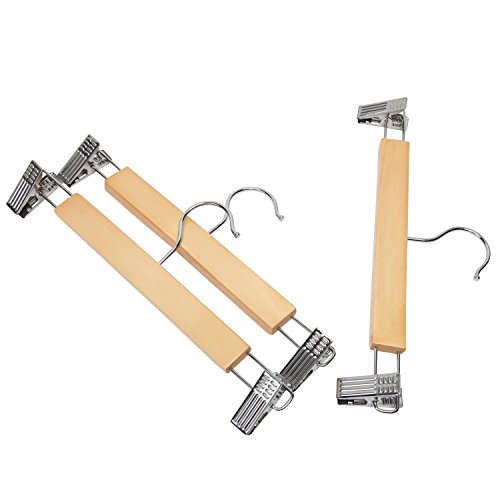 LOHAS Home 10-Pack Natural Finish Wooden Pant Skirt Hangers with 2-Adjustable Anti-Rust Clips