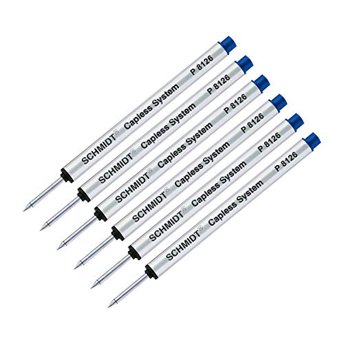 SCHMIDT P8126, P8126 Short Blue, 6-Pack Capless Roller Ball refills, fits Retro 51 Tornado Roller Ball Pens. Same as Retro 1951 Short Capless Rollerball Ink Refill Fine Tip