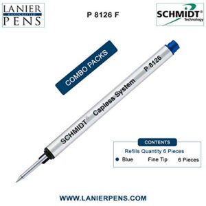 SCHMIDT P8126, P8126 Short Blue, 6-Pack Capless Roller Ball refills, fits Retro 51 Tornado Roller Ball Pens. Same as Retro 1951 Short Capless Rollerball Ink Refill Fine Tip