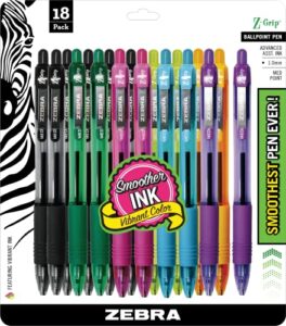 zebra pen z-grip retractable ballpoint pen, medium point, 1.0mm, assorted fashion colors - 18 pieces