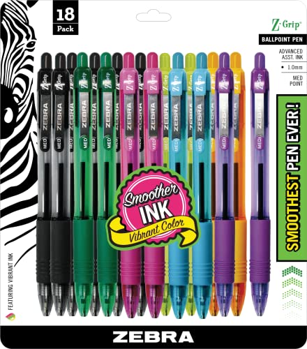 Zebra Pen Z-Grip Retractable Ballpoint Pen, Medium Point, 1.0mm, Assorted Fashion Colors - 18 Pieces