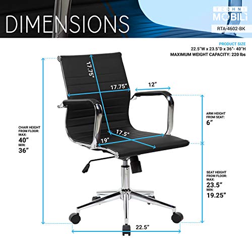 Techni Mobili Modern Medium Back Office Chair with Tilt and Height Adjustment, Executive Task Chair with Armrest and Non Marking Caster Wheels, Black