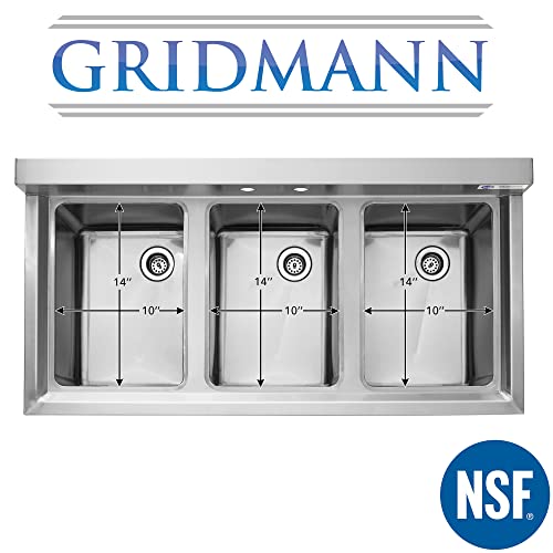 GRIDMANN 3 Compartment Stainless Steel Bar Sink, NSF Commercial Kitchen Underbar Sink with 10" L x 14" W x 10" D Bowls for Restaurant, Laundry, Garage