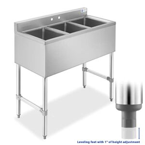 GRIDMANN 3 Compartment Stainless Steel Bar Sink, NSF Commercial Kitchen Underbar Sink with 10" L x 14" W x 10" D Bowls for Restaurant, Laundry, Garage