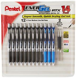 pentel energel rtx retractable metal tip pen, 0.7mm, 9 black ink, 3 blue ink with 2 refills (bl77o14c)