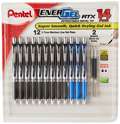 Pentel EnerGel RTX Retractable Metal Tip Pen, 0.7mm, 9 Black Ink, 3 Blue Ink with 2 Refills (BL77O14C)