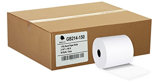 Gorilla Supply 2 1/4 in x 150 ft Bond Paper Rolls, 2.25" x 150' Adding Machine Tape, 1-Ply Receipt Paper Rolls for El-1750 1801 P23, BPA Free, 50 Rolls