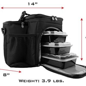 Meal Prep Bag ISOBAG 3 Meal Insulated Lunch Bag Cooler with 6 Stackable Meal Prep Containers, 2 Ice Pack ISOBRICKS, and Shoulder Strap - MADE IN USA (Blackout)