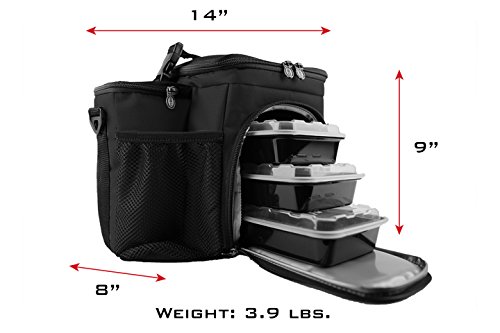 Meal Prep Bag ISOBAG 3 Meal Insulated Lunch Bag Cooler with 6 Stackable Meal Prep Containers, 2 Ice Pack ISOBRICKS, and Shoulder Strap - MADE IN USA (Blackout)