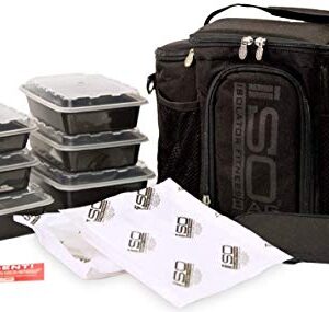 Meal Prep Bag ISOBAG 3 Meal Insulated Lunch Bag Cooler with 6 Stackable Meal Prep Containers, 2 Ice Pack ISOBRICKS, and Shoulder Strap - MADE IN USA (Blackout)