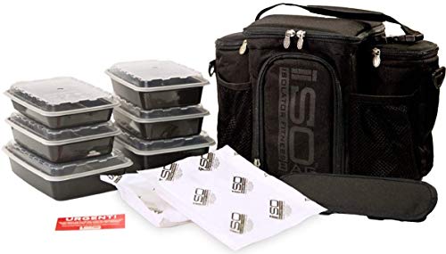 Meal Prep Bag ISOBAG 3 Meal Insulated Lunch Bag Cooler with 6 Stackable Meal Prep Containers, 2 Ice Pack ISOBRICKS, and Shoulder Strap - MADE IN USA (Blackout)