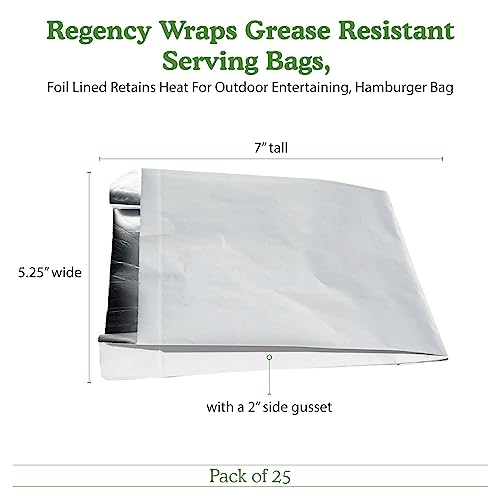 Regency Wraps Grease Resistant Serving Snack Bags, Aluminium Foil Lined Bags, Perfect for Hamburgers, Sandwiches, and More, Measures 5.25 x 7.5, Pack of 25