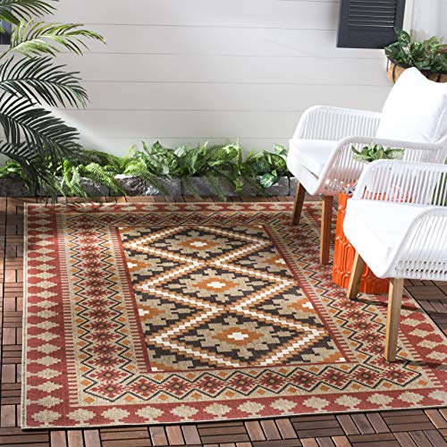 SAFAVIEH Veranda Collection Accent Rug - 4' x 5'7", Red & Natural, Boho Design, Non-Shedding & Easy Care, Indoor/Outdoor & Washable-Ideal for Patio, Backyard, Mudroom (VER099-0334)