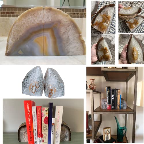 JIC Gem Natural Agate Book Ends Geode Bookends Decorative Book Ends for Shelves with Rubber Bumpers for Décor Small Size(1 Pair, 2-3 LBS)