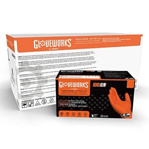 gloveworks hd orange nitrile disposable gloves, 8 mil, latex and powder free, industrial, food safe, raised diamond texture, large, case of 1000