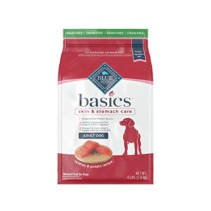 blue buffalo basics skin & stomach care, grain free natural adult dry dog food, salmon & potato 4-lb