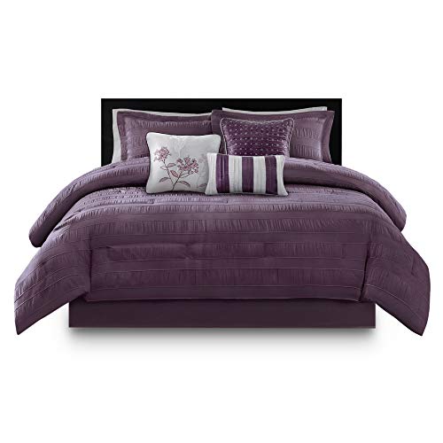 Madison Park Hampton Luxe Comforter Set-Modern Stitching Design All Season Down Alternative Cozy Bedding with Matching Shams, Decorative Pillow, Queen (90 in x 90 in), Plum 7 Piece